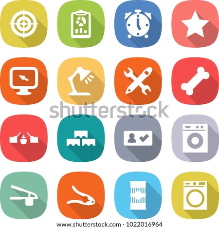 flat vector icon set - target vector, report, alarm clock, star, monitor arrow, table lamp, pencil wrench, bone, drawbridge, block wall, check in, washing machine, garlic clasp, walnut crack, pasta