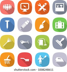 flat vector icon set - team vector, monitor arrow, pencil wrench, tools, nail, construction, suitcase, rake, blower, vacuum cleaner, scraper, brush, woman with duster, iron