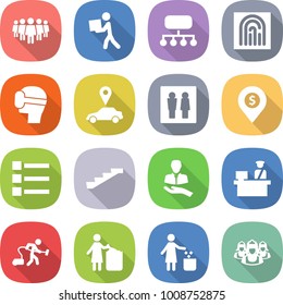 flat vector icon set - team vector, courier, structure, fingerprint, virtual mask, car pointer, wc, dollar pin, list, stairs, client, customs control, vacuum cleaner, garbage bin, outsource