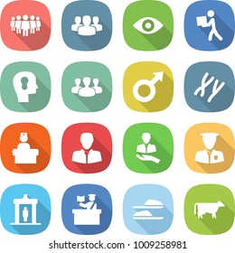 flat vector icon set - team vector, group, eye, courier, bulb head, male sign, chromosomes, hospital recieption, client, security man, detector, inspector, slippers, cow