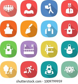 flat vector icon set - team vector, woman, courier, doctor, hospital recieption, construction, workman, apron, skysrcapers cleaning, skyscrapers, garden, vacuum cleaner, outsource