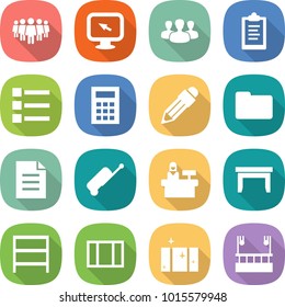 flat vector icon set - team vector, monitor arrow, group, clipboard, list, calculator, pencil, documents, document, suitcase, reception, table, rack, window, clean, skysrcapers cleaning