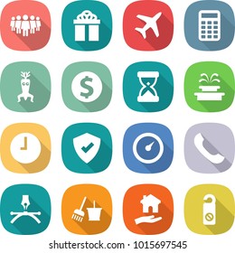 flat vector icon set - team vector, gift, plane, calculator, dna modify, dollar coin, sand clock, fountain, protected, barometer, phone, drawing pen, bucket and broom, housing, do not distrub