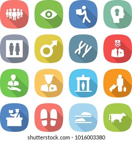 flat vector icon set - team vector, eye, courier, bulb head, wc, male sign, chromosomes, doctor, client, security man, detector, passenger, inspector, slippers, cow