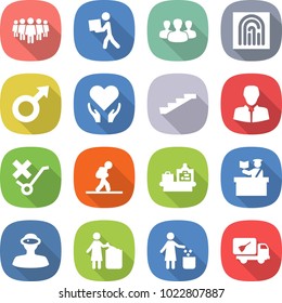 flat vector icon set - team vector, courier, group, fingerprint, male sign, health care, stairs, client, do not trolley, tourist, baggage checking, inspector, vr helmet, garbage bin