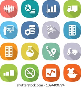 flat vector icon set - team vector, diagram, graph, truck, presentation, virtual mining, bang, pills blister, flask, route, scooter shipping, sorting, no smoking, analytics, handle washing