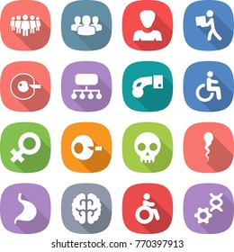 flat vector icon set - team vector, group, woman, courier, cell corection, structure, hand coin, disability, female sign, artificial insemination, skull, sperm, stomach, brain, invalid, dna edit