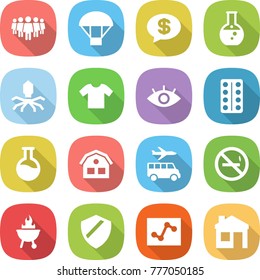 flat vector icon set - team vector, parachute, money message, round flask, virus, t shirt, eye, pills blister, house, transfer, no smoking, bbq, shield, analytics