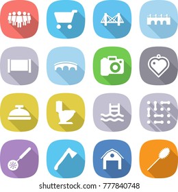 flat vector icon set - team vector, cart, bridge, fence, camera, heart pendant, service bell, toilet, pool, circuit, skimmer, axe, barn, duster