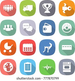flat vector icon set - team vector, truck, trophy, satellite, group, discussion, wallet, donut, baby stroller, calendar, greate wall, bunker, globe, clipboard, plane, oven