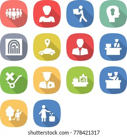flat vector icon set - team vector, woman, courier, bulb head, fingerprint, car pointer, client, customs control, do not trolley sign, security man, baggage checking, inspector, garden cleaning