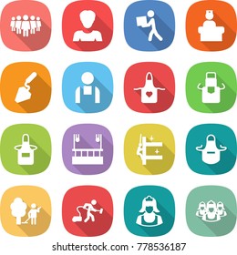 flat vector icon set - team vector, woman, courier, hospital recieption, construction, workman, apron, skysrcapers cleaning, skyscrapers, garden, vacuum cleaner, outsource