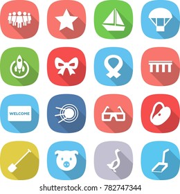 flat vector icon set - team vector, star, boat, parachute, rocket, bow, medical harness, bridge, welcome mat, satellite, 3d glasses, beans, shovel, pig, goose, scoop