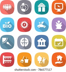 flat vector icon set - team vector, circle diagram, gift, monitor arrow, bio, sun power, eco car, flower, sperm, brain, library, terms, watering, bucket and broom, garden cleaning, housing