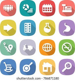 flat vector icon set - team vector, diagram, calendar, cashbox, right arrow, pills blister, flask, stomach, route, scooter shipping, globe, no smoking, rocking chair, pan, house, viruses