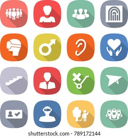 flat vector icon set - team vector, woman, group, fingerprint, virtual mask, male sign, ear, health care, stairs, client, do not trolley, deltaplane, check in, vr helmet, garden cleaning, outsource