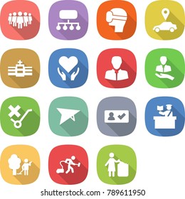 flat vector icon set - team vector, structure, virtual mask, car pointer, hospital, health care, client, do not trolley sign, deltaplane, check in, inspector, garden cleaning, vacuum cleaner