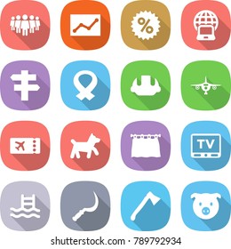 flat vector icon set - team vector, statistics, percent, notebook globe, singlepost, medical harness, building helmet, plane, ticket, dog, curtain, tv, pool, sickle, axe, pig