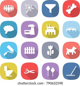 flat vector icon set - team vector, bang, funnel, broken bone, brain, factory, bridge, repair, fence, perishable, dog, toilet, scissors, trees, rake