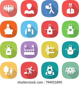 flat vector icon set - team vector, woman, courier, doctor, hospital recieption, workman, apron, skysrcapers cleaning, skyscrapers, garden, vacuum cleaner, outsource