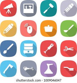 flat vector icon set - telescope vector, tools, doctors hammer, pencil, wireless mouse, pan, ladle, big spoon, double boiler, blender, scissors, axe, blower, plunger, brush