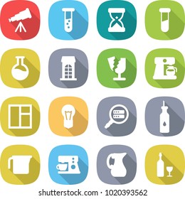 flat vector icon set - telescope vector, vial, sand clock, test, flask, building, broken, coffee maker, window, bulb, data search, vegetable oil, measuring cup, jug, wine