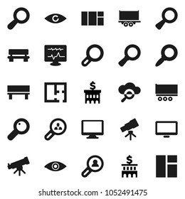 Flat vector icon set - telescope vector, magnifier, bank building, truck trailer, monitor, eye, diagnostic, cloud glass, bench, plan, client search, window
