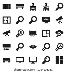 Flat vector icon set - telescope vector, magnifier, bank building, truck trailer, monitor, eye, diagnostic, cloud glass, bench, plan, client search, window
