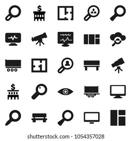 Flat vector icon set - telescope vector, magnifier, bank building, truck trailer, monitor, eye, diagnostic, cloud glass, bench, plan, client search, window