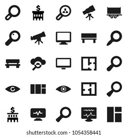 Flat vector icon set - telescope vector, magnifier, bank building, truck trailer, monitor, eye, diagnostic, cloud glass, bench, plan, client search, window