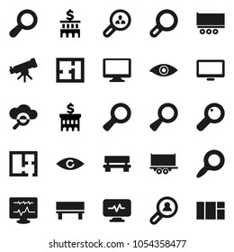 Flat vector icon set - telescope vector, magnifier, bank building, truck trailer, monitor, eye, diagnostic, cloud glass, bench, plan, client search, window