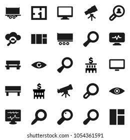 Flat vector icon set - telescope vector, magnifier, bank building, truck trailer, monitor, eye, diagnostic, cloud glass, bench, plan, client search, window