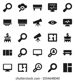 Flat vector icon set - telescope vector, magnifier, bank building, truck trailer, monitor, eye, diagnostic, cloud glass, bench, plan, client search, window
