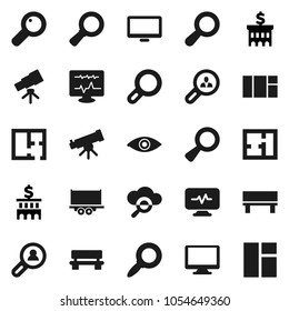 Flat vector icon set - telescope vector, magnifier, bank building, truck trailer, monitor, eye, diagnostic, cloud glass, bench, plan, client search, window