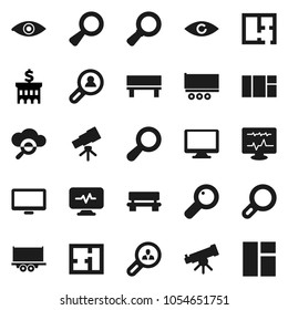 Flat vector icon set - telescope vector, magnifier, bank building, truck trailer, monitor, eye, diagnostic, cloud glass, bench, plan, client search, window