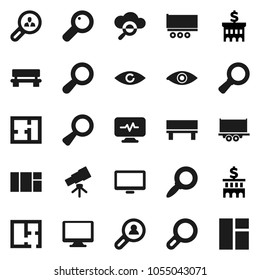 Flat vector icon set - telescope vector, magnifier, bank building, truck trailer, monitor, eye, diagnostic, cloud glass, bench, plan, client search, window