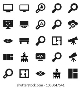 Flat vector icon set - telescope vector, magnifier, bank building, truck trailer, monitor, eye, diagnostic, cloud glass, bench, plan, client search, window
