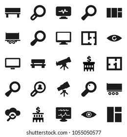 Flat vector icon set - telescope vector, magnifier, bank building, truck trailer, monitor, eye, diagnostic, cloud glass, bench, plan, client search, window