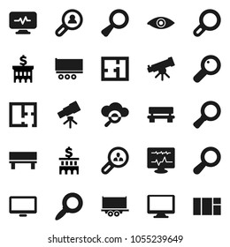 Flat vector icon set - telescope vector, magnifier, bank building, truck trailer, monitor, eye, diagnostic, cloud glass, bench, plan, client search, window