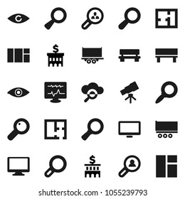 Flat vector icon set - telescope vector, magnifier, bank building, truck trailer, monitor, eye, diagnostic, cloud glass, bench, plan, client search, window