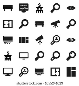 Flat vector icon set - telescope vector, magnifier, bank building, truck trailer, monitor, eye, diagnostic, bench, plan, client search, window