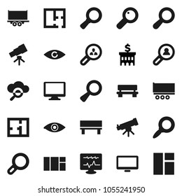 Flat vector icon set - telescope vector, magnifier, bank building, truck trailer, monitor, eye, diagnostic, cloud glass, bench, plan, client search, window