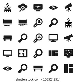 Flat vector icon set - telescope vector, magnifier, bank building, truck trailer, monitor, eye, diagnostic, cloud glass, bench, plan, client search, window