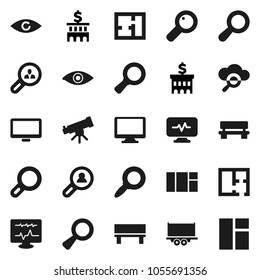 Flat vector icon set - telescope vector, magnifier, bank building, truck trailer, monitor, eye, diagnostic, cloud glass, bench, plan, client search, window