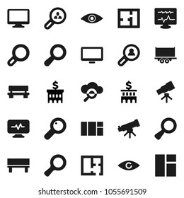 Flat vector icon set - telescope vector, magnifier, bank building, truck trailer, monitor, eye, diagnostic, cloud glass, bench, plan, client search, window
