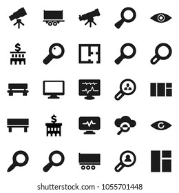 Flat vector icon set - telescope vector, magnifier, bank building, truck trailer, monitor, eye, diagnostic, cloud glass, bench, plan, client search, window