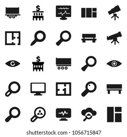 Flat vector icon set - telescope vector, magnifier, bank building, truck trailer, monitor, eye, diagnostic, cloud glass, bench, plan, client search, window