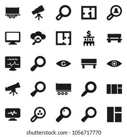 Flat vector icon set - telescope vector, magnifier, bank building, truck trailer, monitor, eye, diagnostic, cloud glass, bench, plan, client search, window