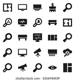 Flat vector icon set - telescope vector, magnifier, bank building, truck trailer, monitor, eye, diagnostic, cloud glass, bench, plan, client search, window