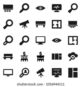 Flat vector icon set - telescope vector, magnifier, bank building, truck trailer, monitor, eye, diagnostic, cloud glass, bench, plan, client search, window